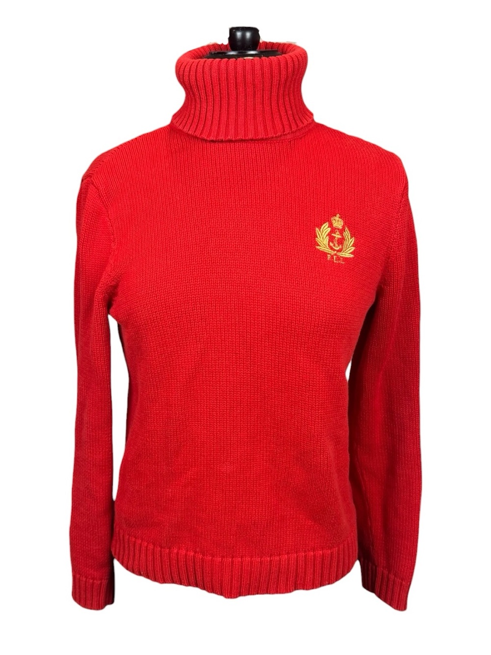 Vintage Ralph Lauren Red Cotton Turtleneck Gold Crest Sweater Women’s Size M - Picture 2 of 8